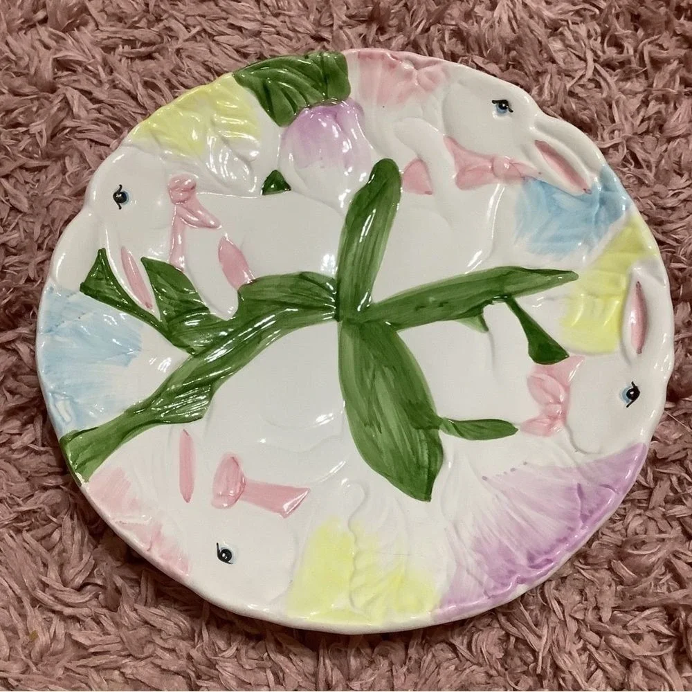 Vintage Retro Pastel‎ Colorful Easter Bunny Rabbit Cottagecore Ceramic Plate
